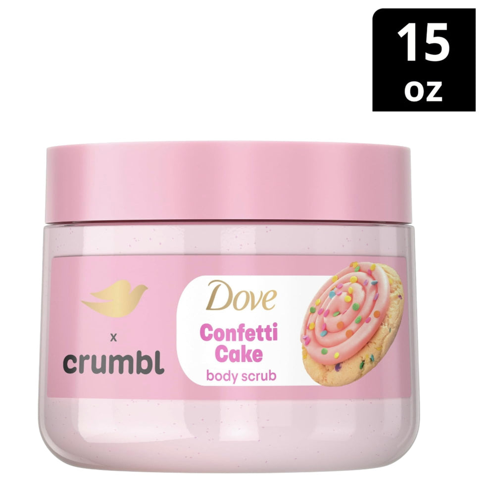 Dove Crumbl Confetti Cake scrub exfoliating beads on skin for renewed glow.