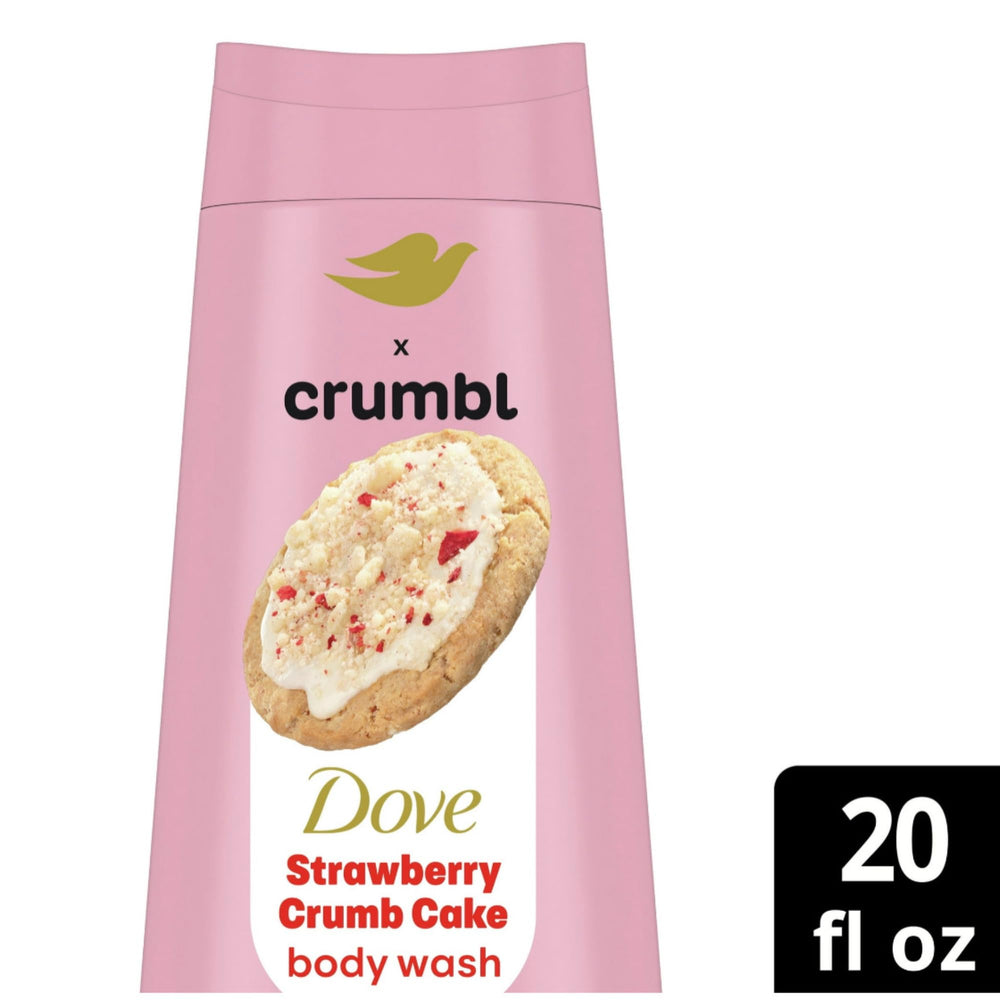 Dove Crumbl exfoliating body scrub bottle showing strawberry crumb texture for smoother skin
