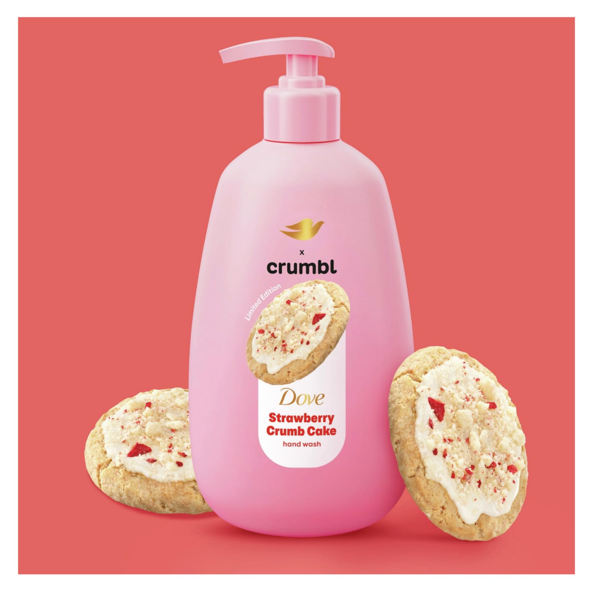 Dove Crumbl label close-up highlighting strawberry crumb cake scent