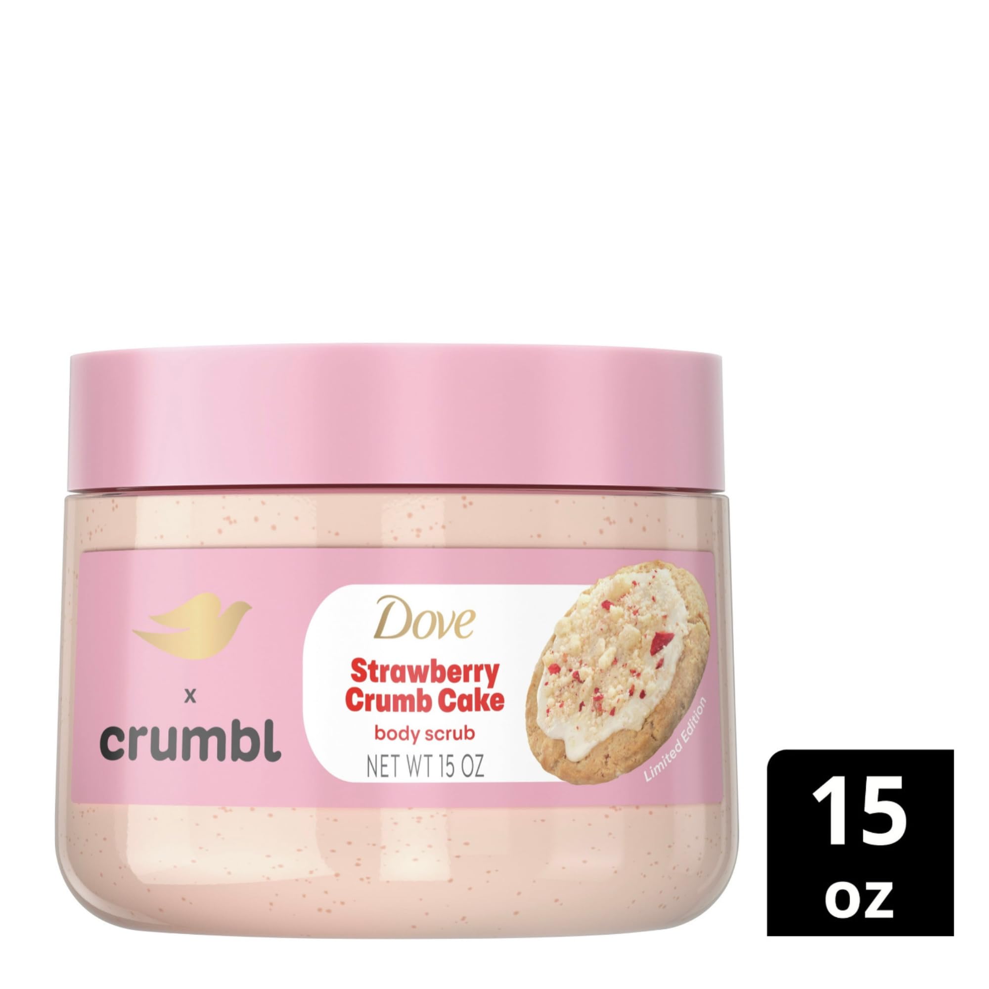 Dove Crumbl strawberry crumb cake scent close-up to evoke mood-boosting shower ritual