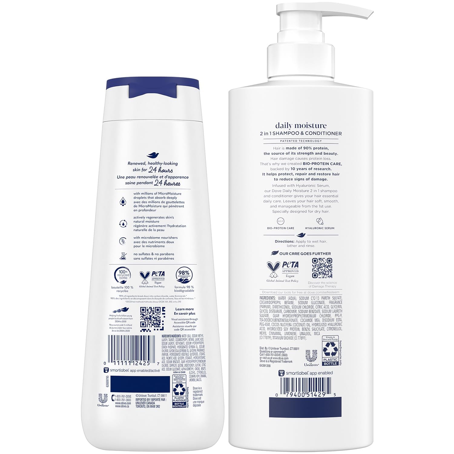 Dove daily moisture 2-in-1 conditioner bottle smooths and detangles.