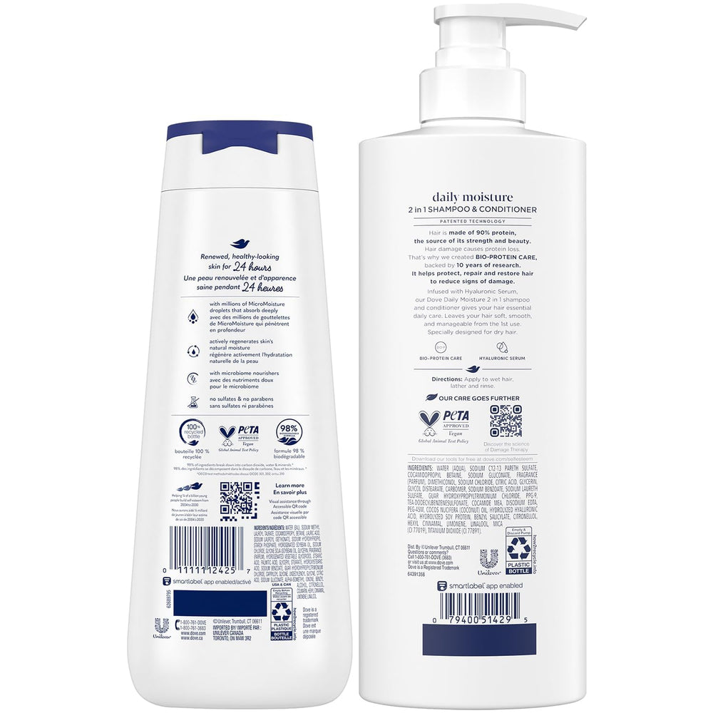 Dove daily moisture 2-in-1 conditioner bottle smooths and detangles.