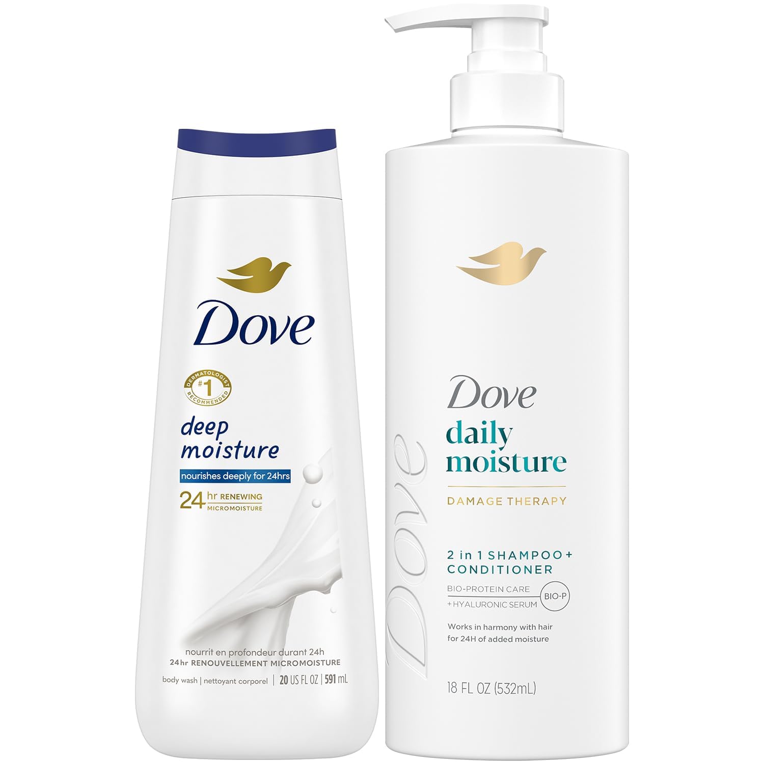 Dove daily moisture 2-in-1 shampoo bottle boosts daily hair hydration.