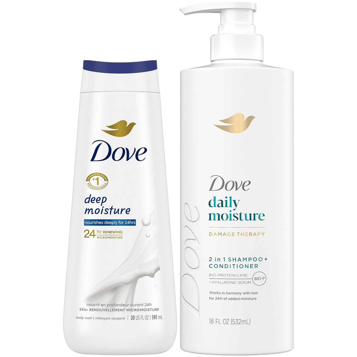 Dove daily moisture 2-in-1 shampoo bottle boosts daily hair hydration.