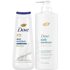 Dove daily moisture 2-in-1 shampoo bottle boosts daily hair hydration.