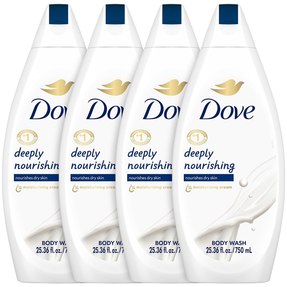 Dove Deep Moisture Body Wash bottle shows nourishing formula for hydrated skin.
