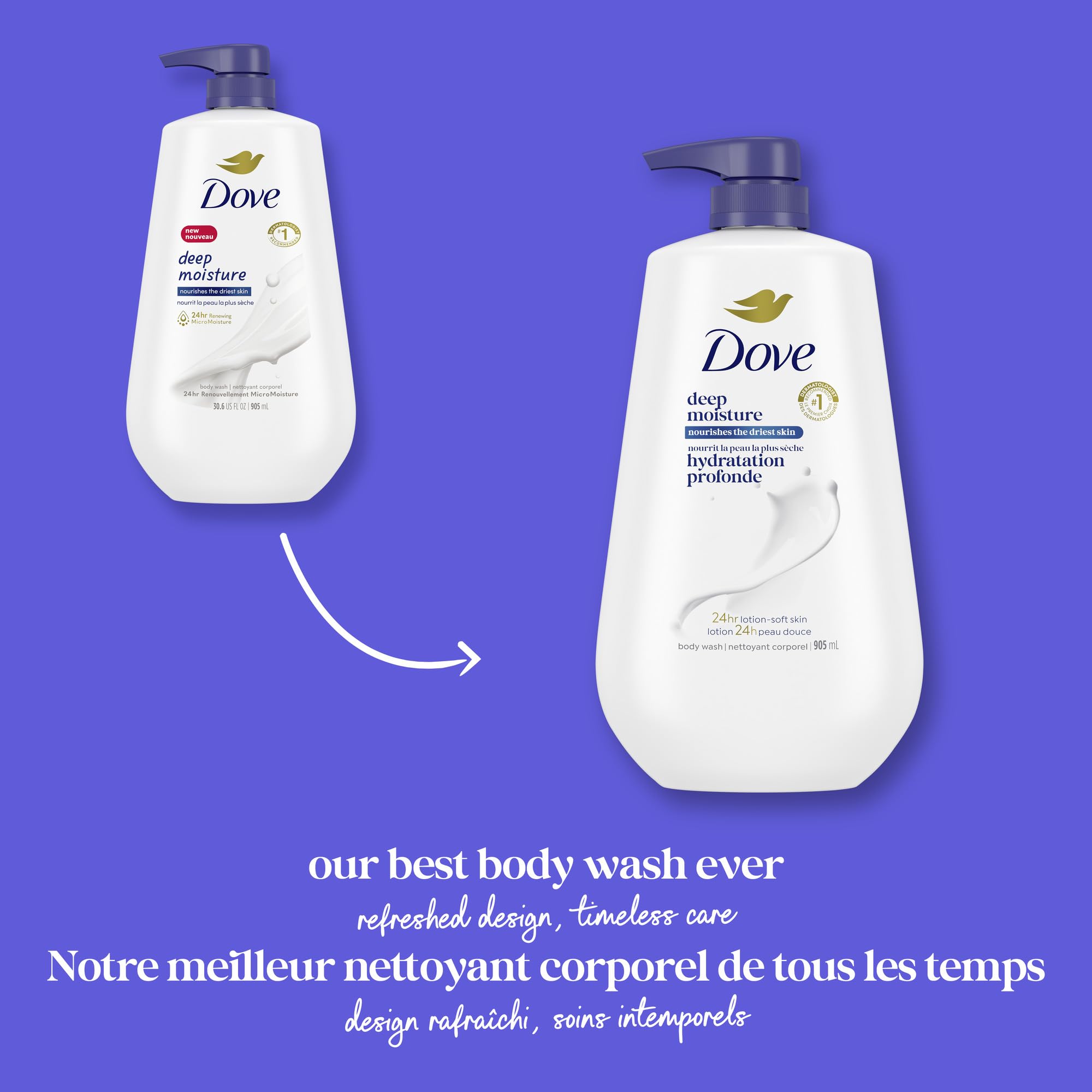 Dove Deep Moisture Body Wash comes in 100% recycled bottles for sustainable care.