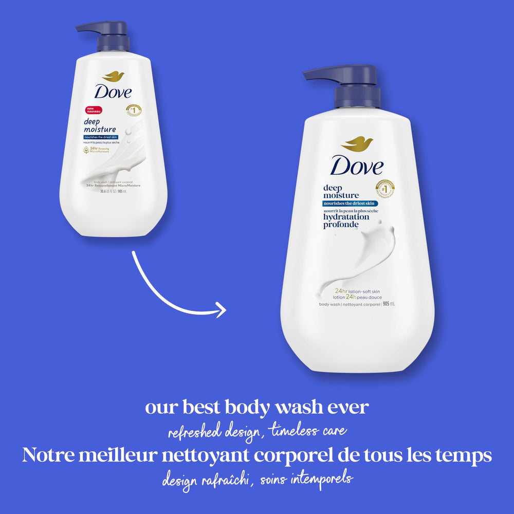Dove Deep Moisture Body Wash comes in 100% recycled bottles for sustainable care.