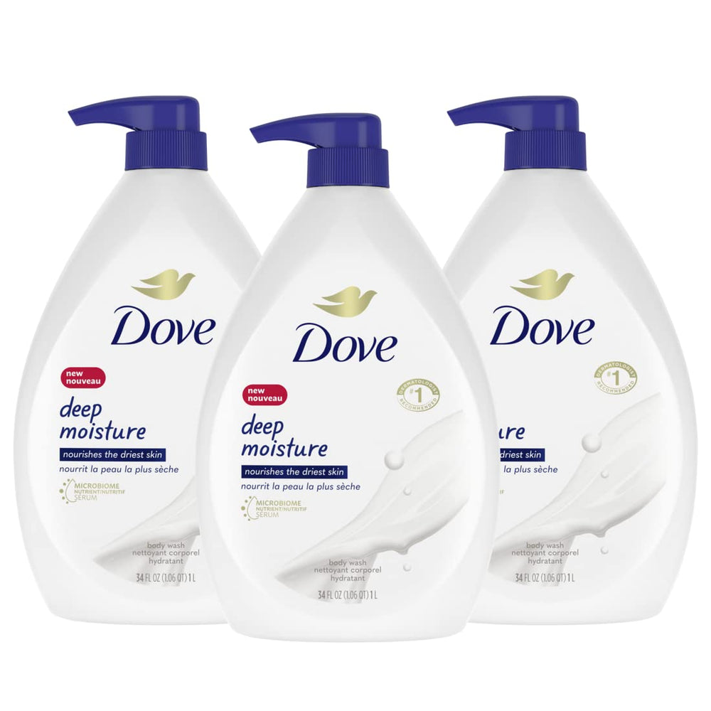 Dove Deep Moisture bottle with pump—34-ounce size for easy, everyday cleansing.