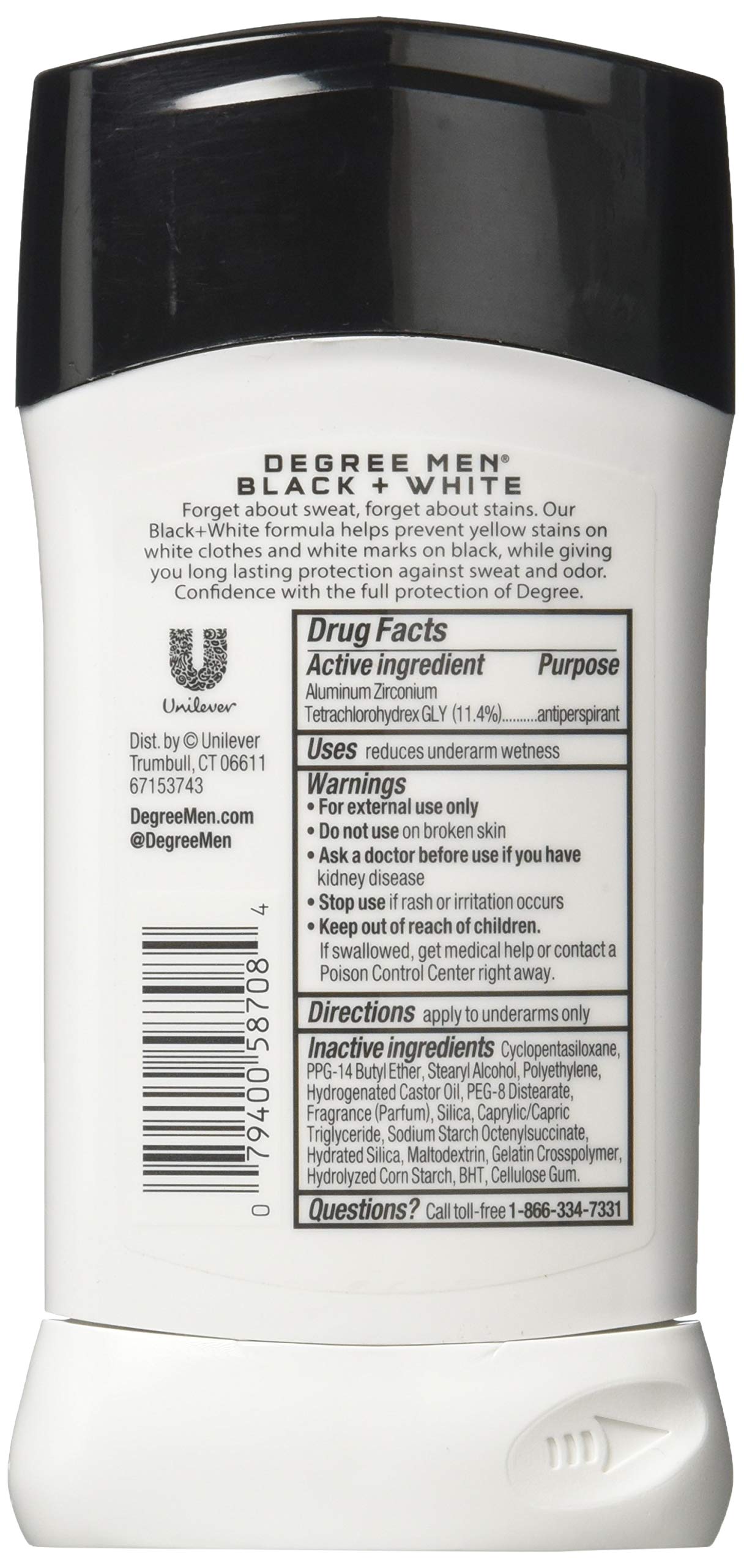 Dove Degree Ultra Clear Black & White 6-pack back view shows anti-stain features.