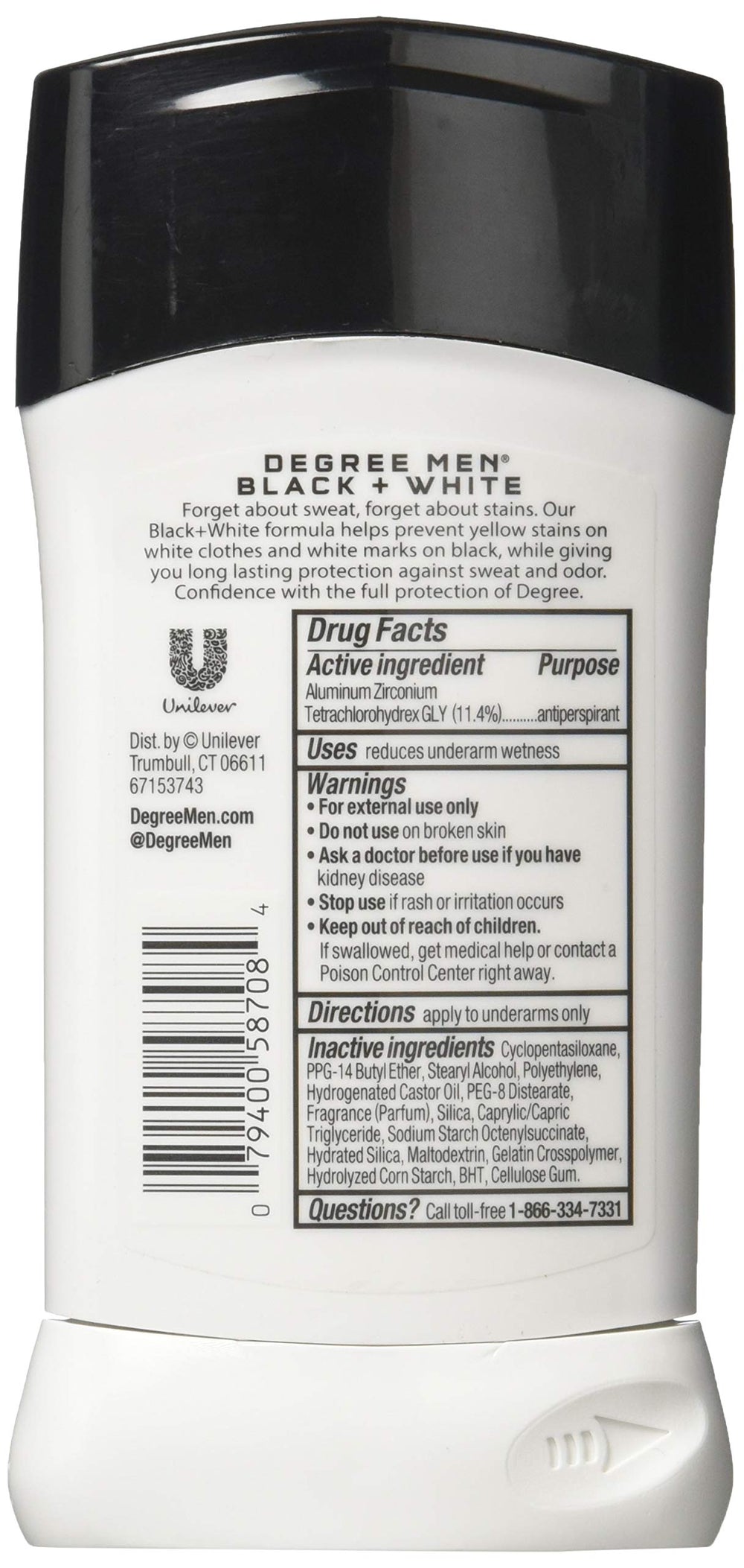 Dove Degree Ultra Clear Black & White 6-pack back view shows anti-stain features.