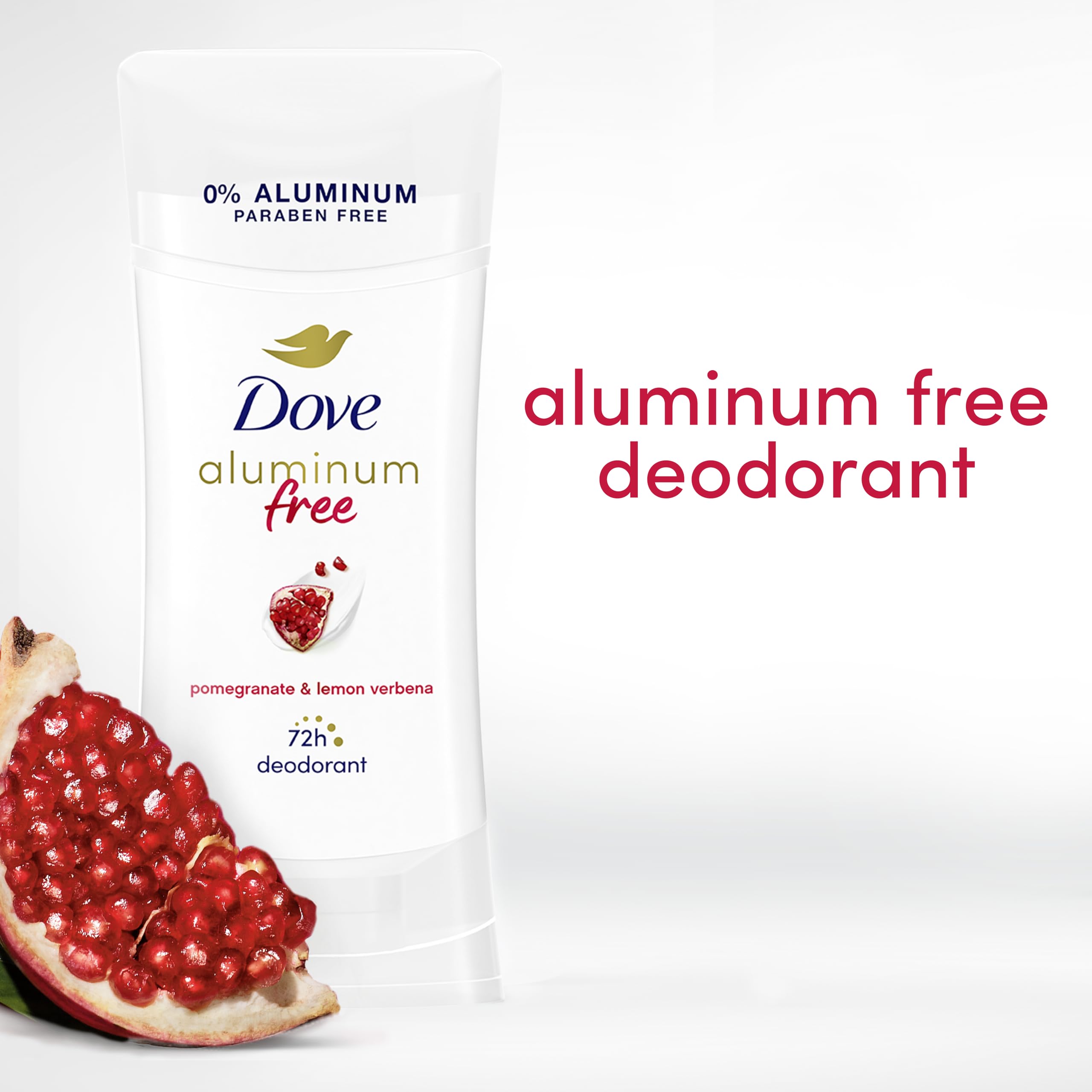 Dove aluminum-free deodorant stick shown with a smooth glide during application.