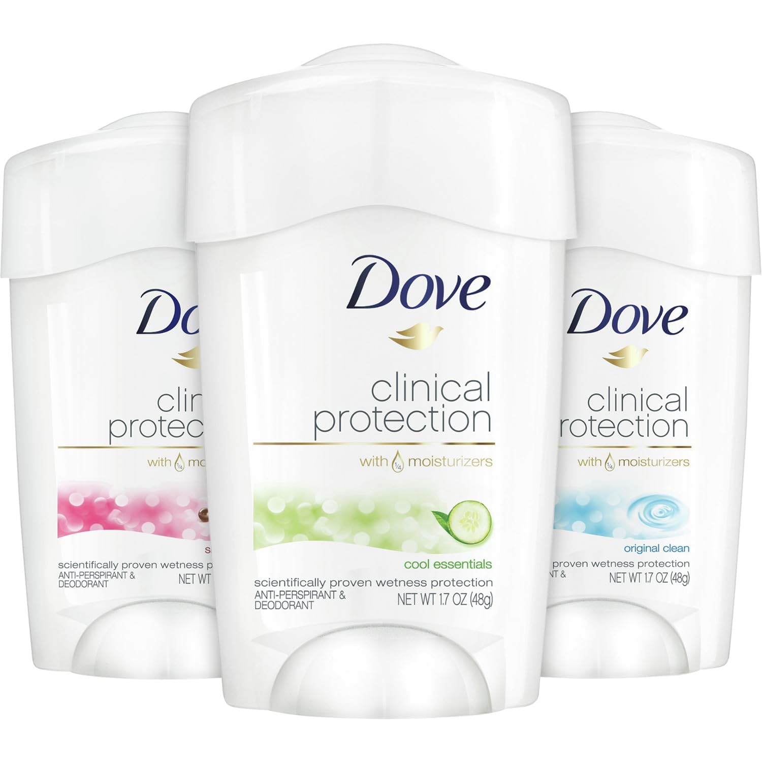 Dove deodorant three-stick set pack-shot with Cool Essentials for long-lasting protection.