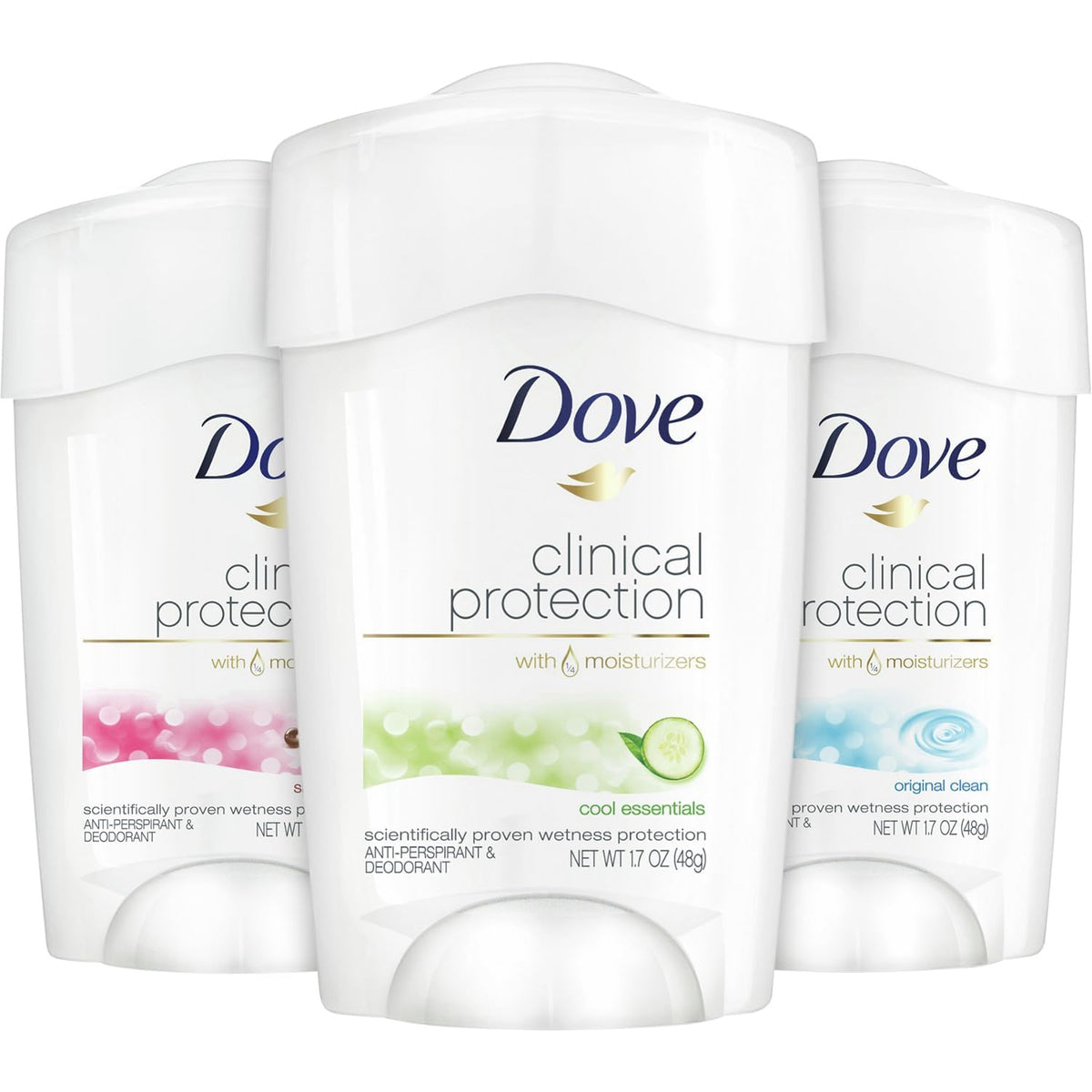 Dove deodorant three-stick set pack-shot with Cool Essentials for long-lasting protection.