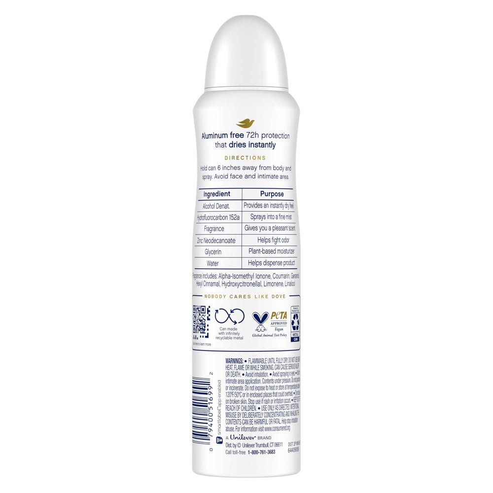 Close-up of Dove aluminum-free spray showing moisturizing formula for underarm skin.