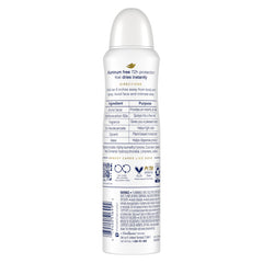 Close-up of Dove aluminum-free spray showing moisturizing formula for underarm skin.