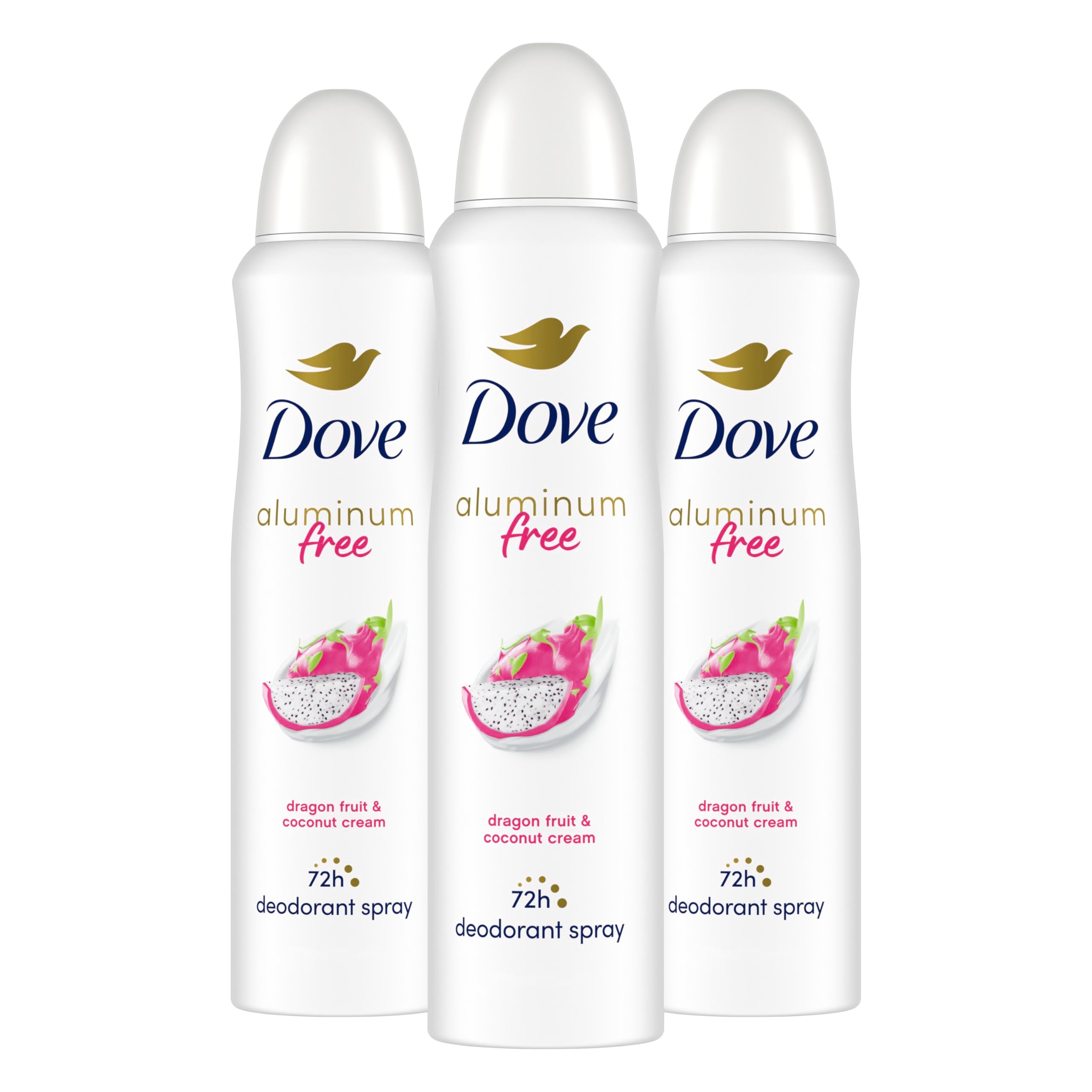 Dove aluminum-free deodorant spray bottle front view, dragon fruit coconut cream scent, 72-hour protection.