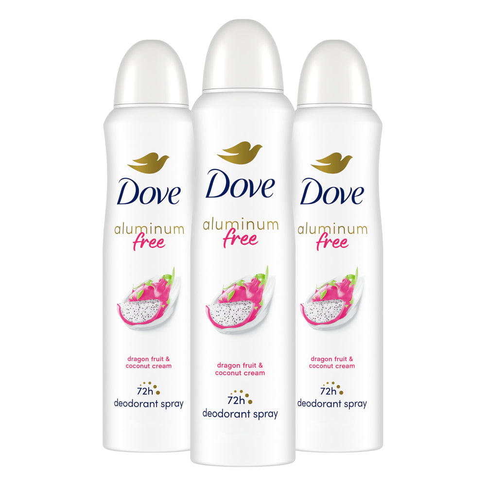 Dove aluminum-free deodorant spray bottle front view, dragon fruit coconut cream scent, 72-hour protection.