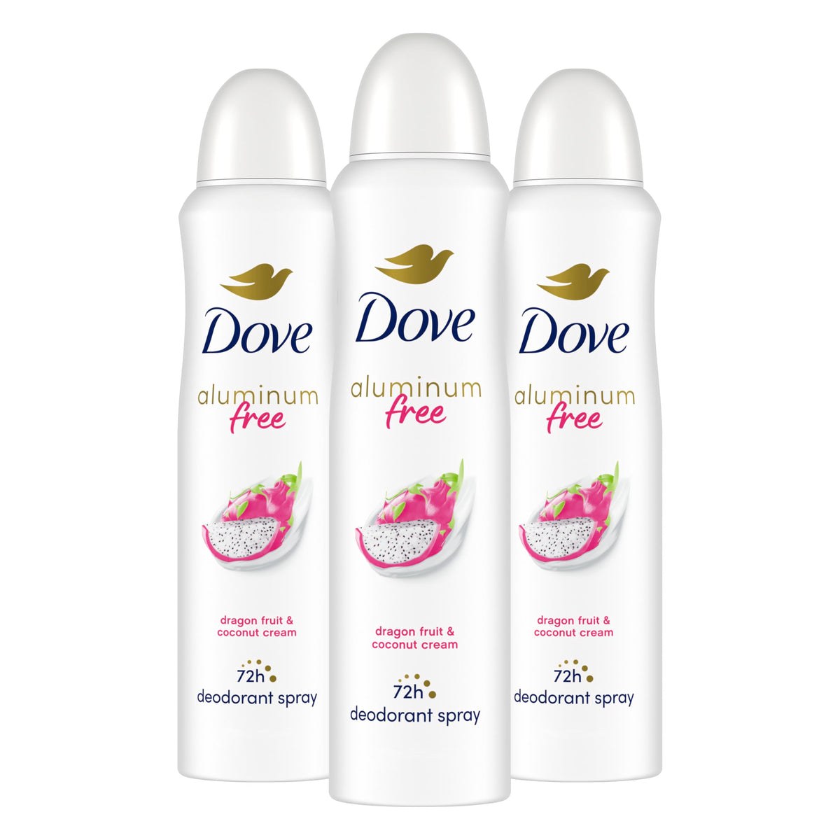 Dove aluminum-free deodorant spray bottle front view, dragon fruit coconut cream scent, 72-hour protection.