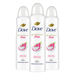 Dove aluminum-free deodorant spray bottle front view, dragon fruit coconut cream scent, 72-hour protection.