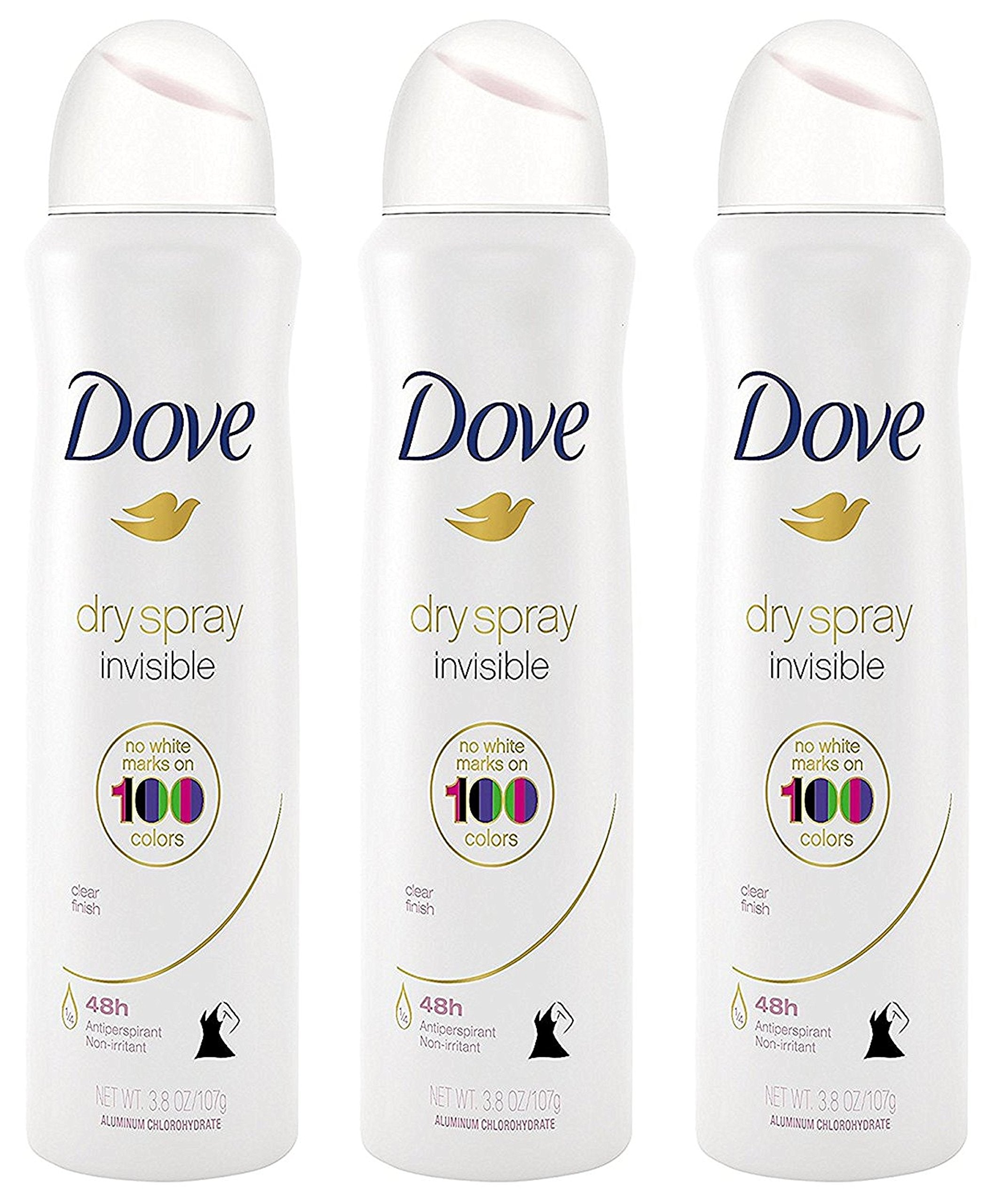 Dove Dry Spray invisible bottle shows no white residue for a clean look.