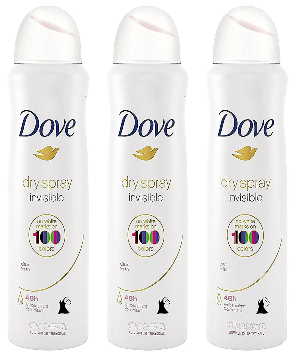 Dove Dry Spray invisible bottle shows no white residue for a clean look.