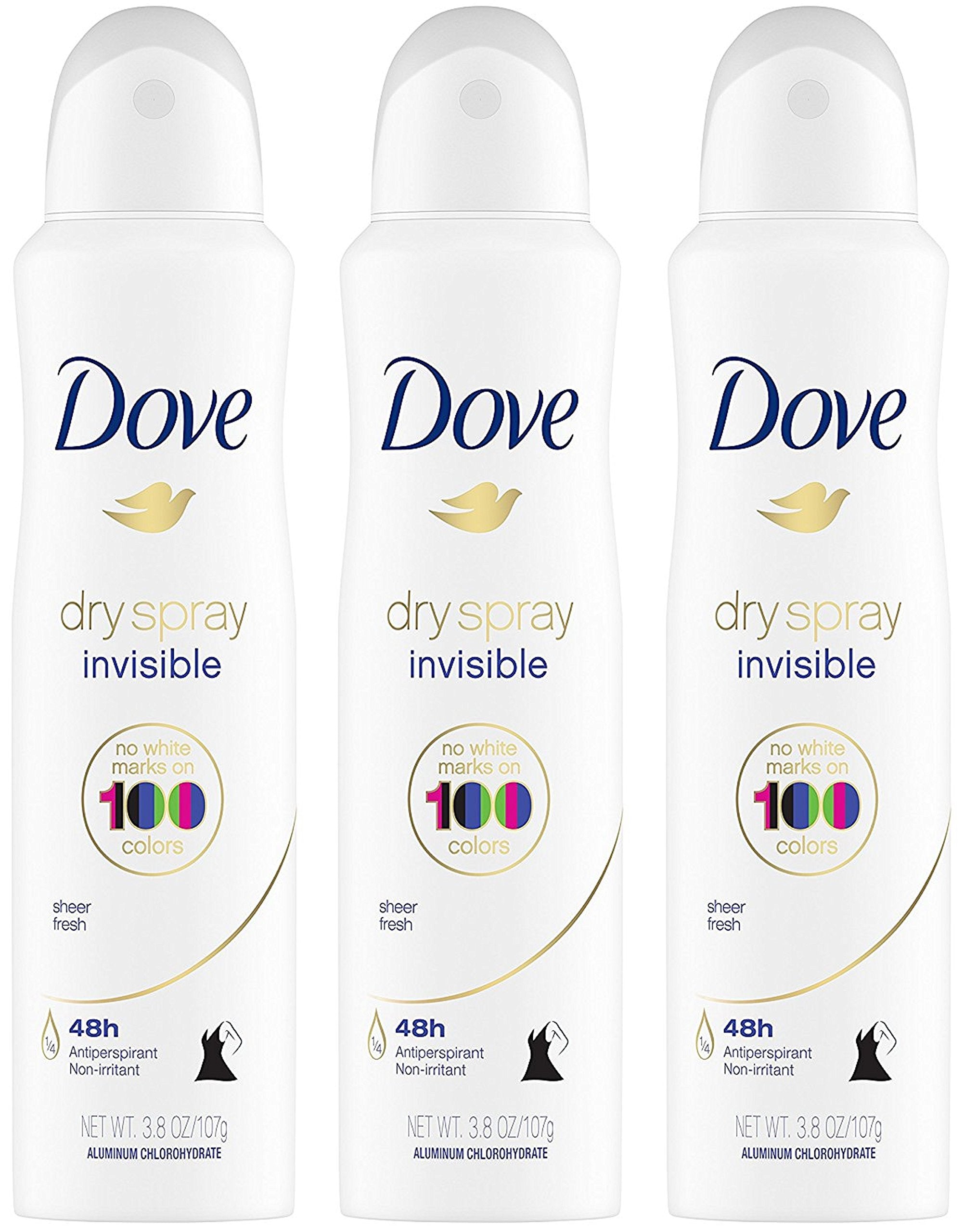 Dove Dry Spray Invisible Sheer Fresh can front view showing quick-dry protection.