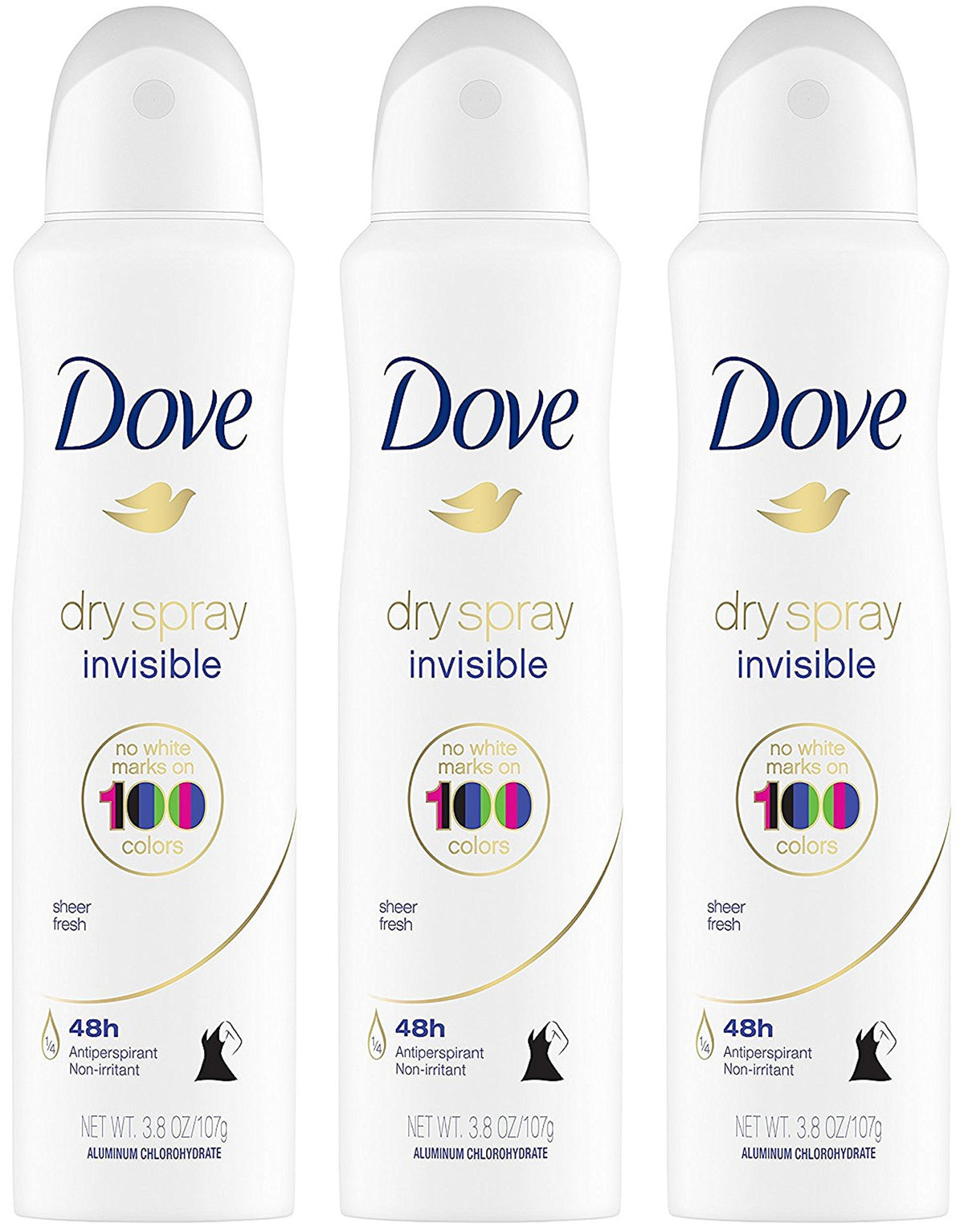 Dove Dry Spray Invisible Sheer Fresh can front view showing quick-dry protection.