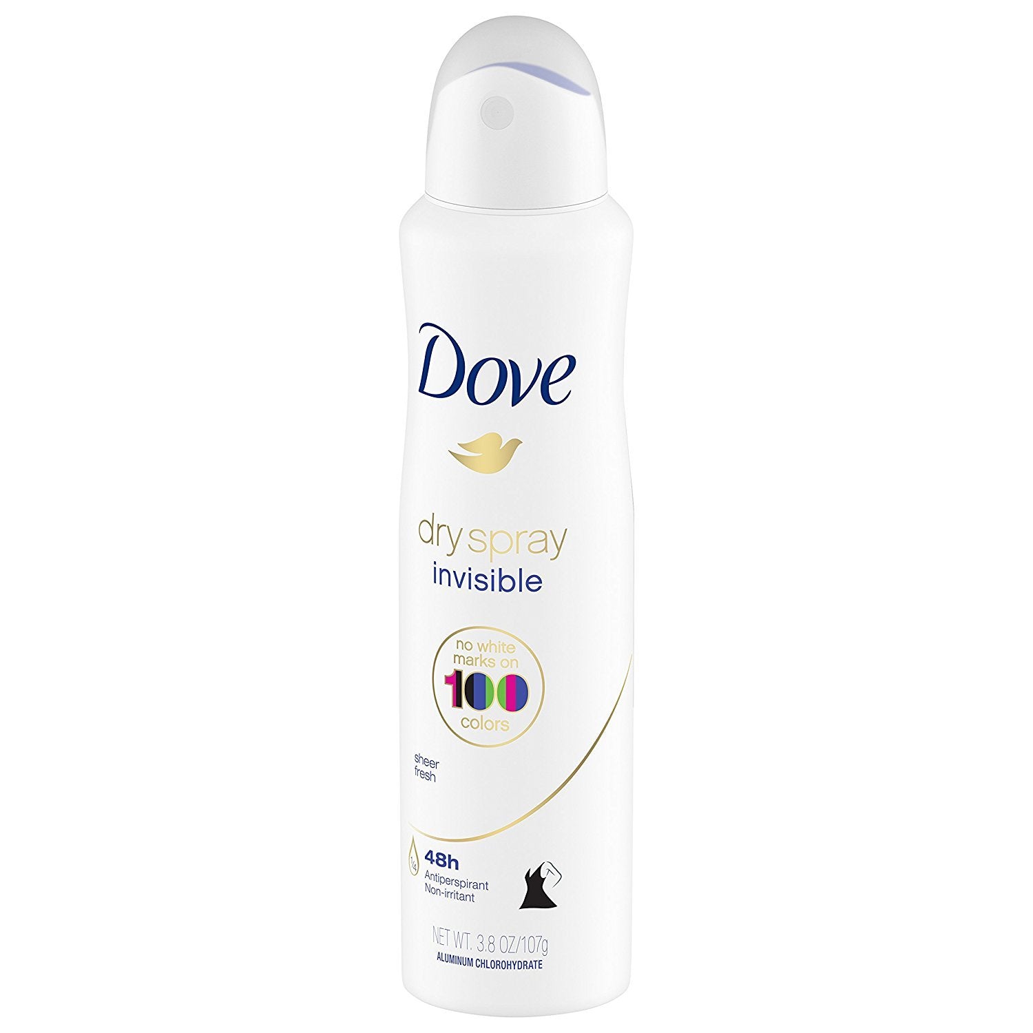 Dove Dry Spray Invisible Sheer Fresh compact can held in hand for travel.