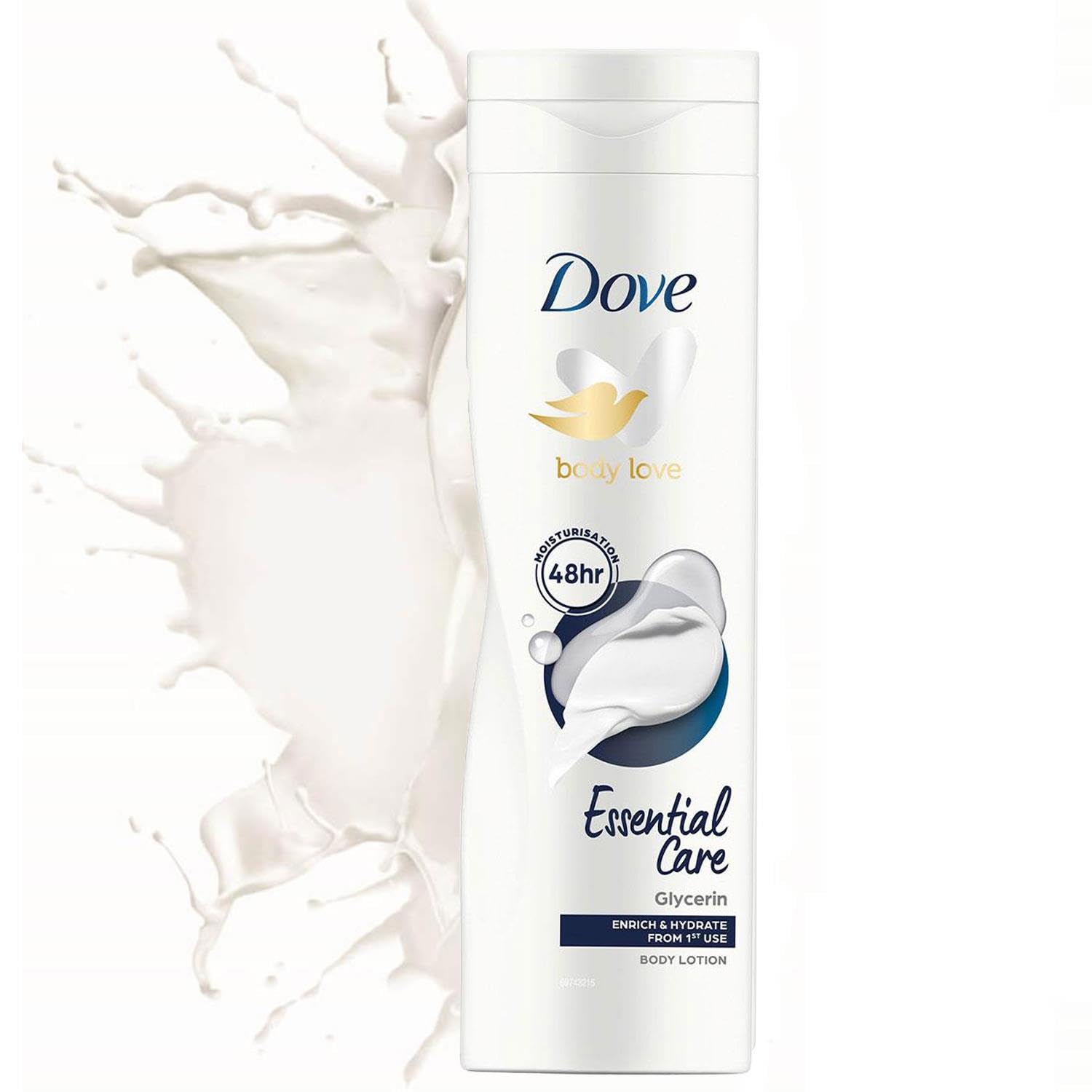 Dove Essential Nourishment Body Lotion bottle duo showcases generous portions for lasting hydration.