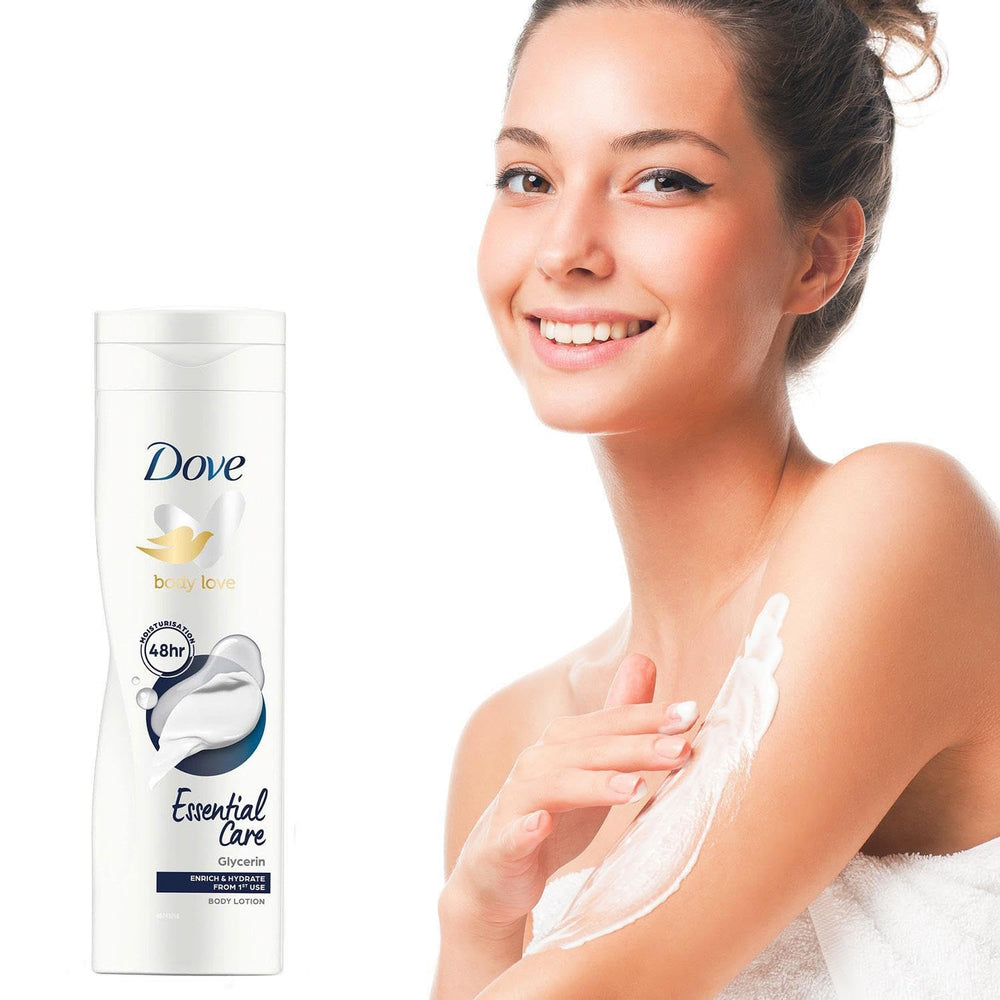 Dove Essential Nourishment Body Lotion cream texture close-up promotes smooth skin.