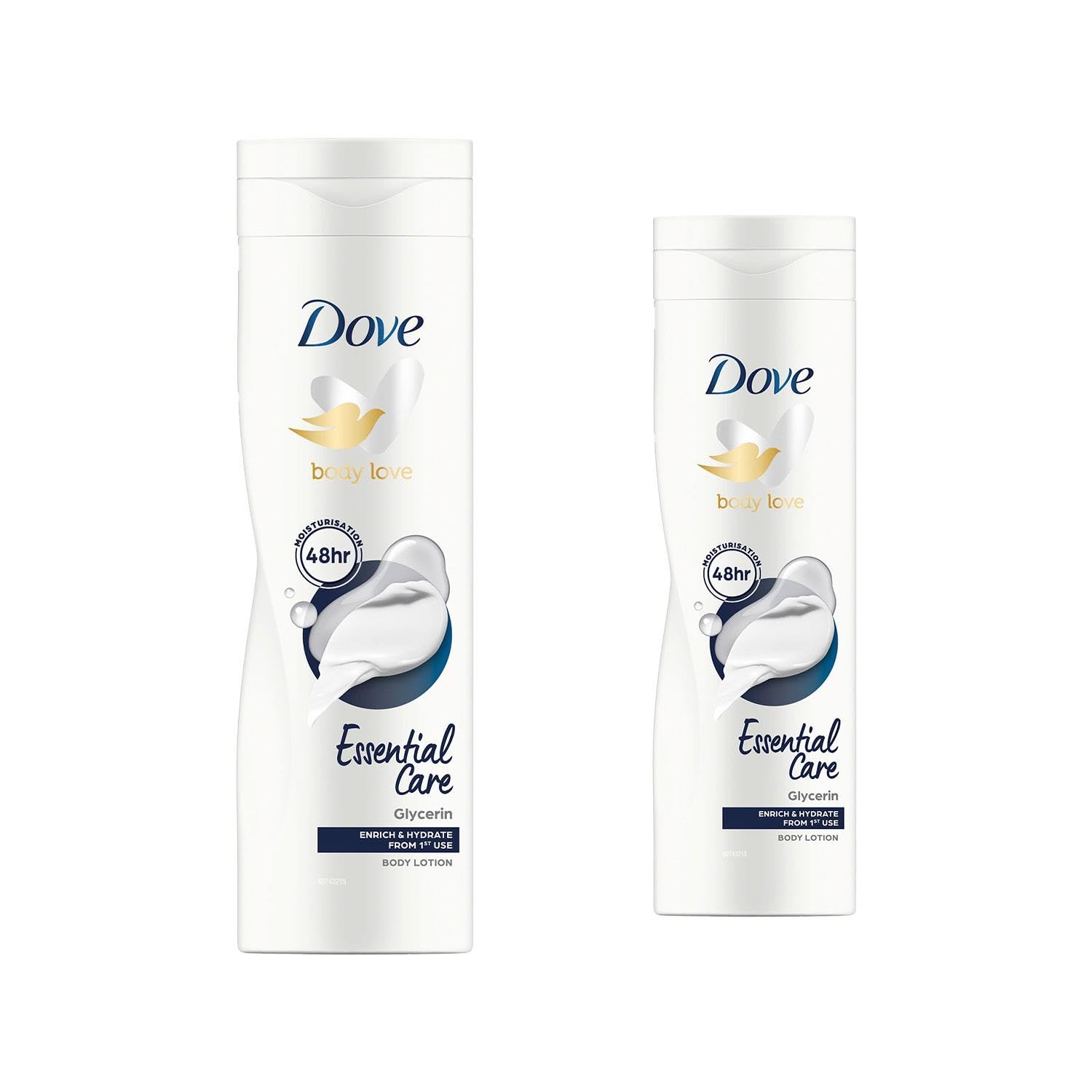 Dove Essential Nourishment Body Lotion two-pack bottles for daily moisture and comfort.