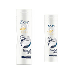 Dove Essential Nourishment Body Lotion two-pack bottles for daily moisture and comfort.