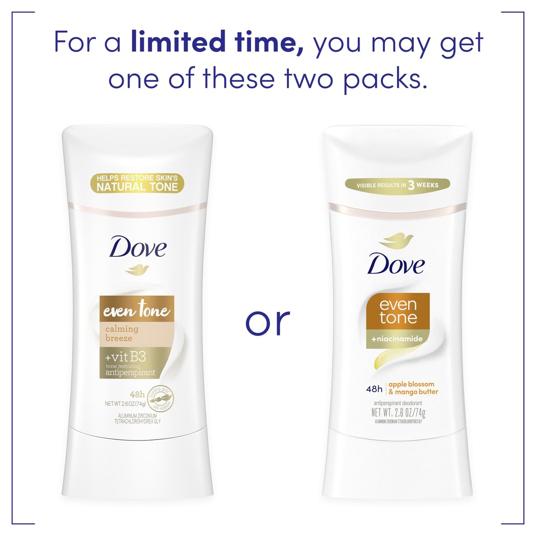 Dove Even Tone Apple Blossom packaging on shelf emphasizes fragrance and protection claims.