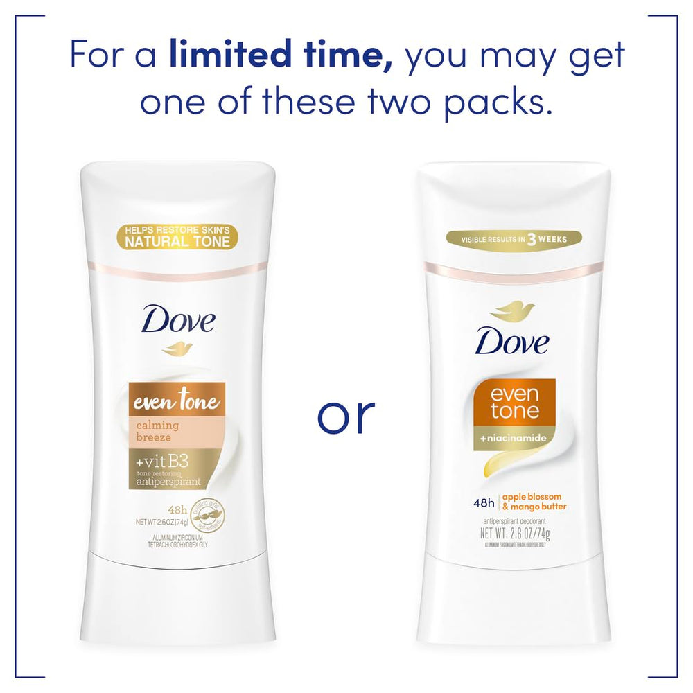 Dove Even Tone Apple Blossom packaging on shelf emphasizes fragrance and protection claims.