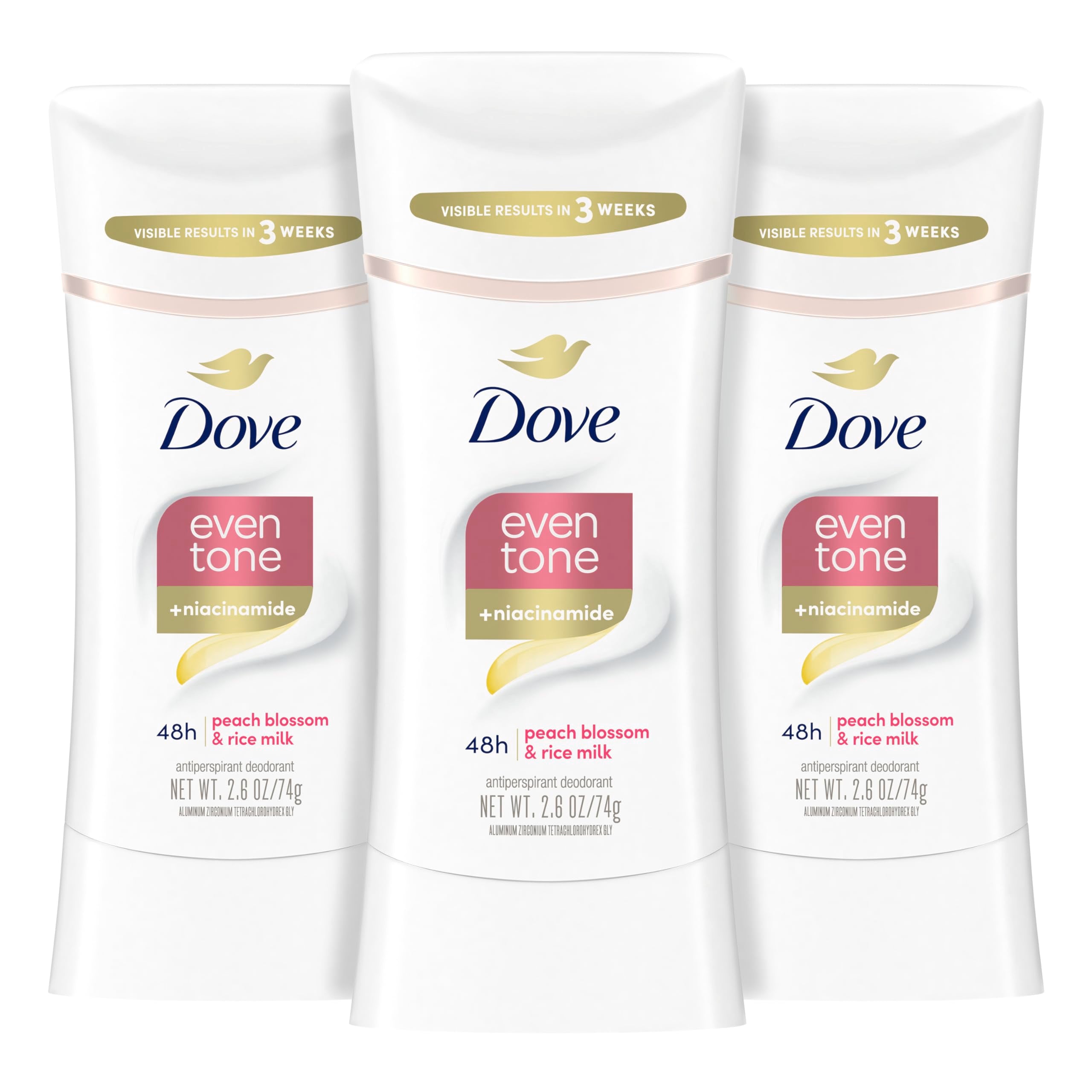 Dove Even Tone peach-blossom stick application shows smooth glide for quick underarm refresh.