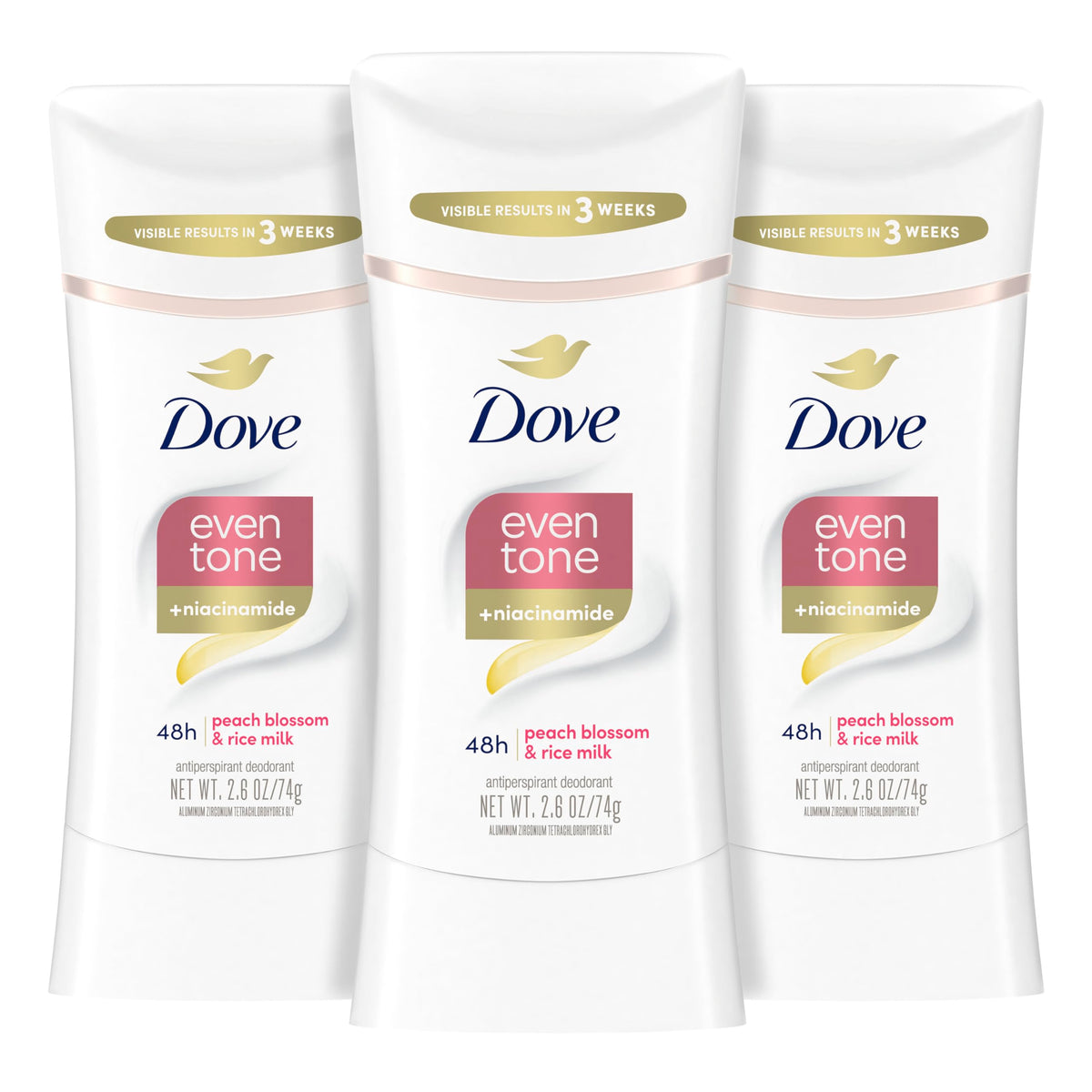 Dove Even Tone peach-blossom stick application shows smooth glide for quick underarm refresh.