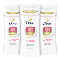 Dove Even Tone peach-blossom stick application shows smooth glide for quick underarm refresh.