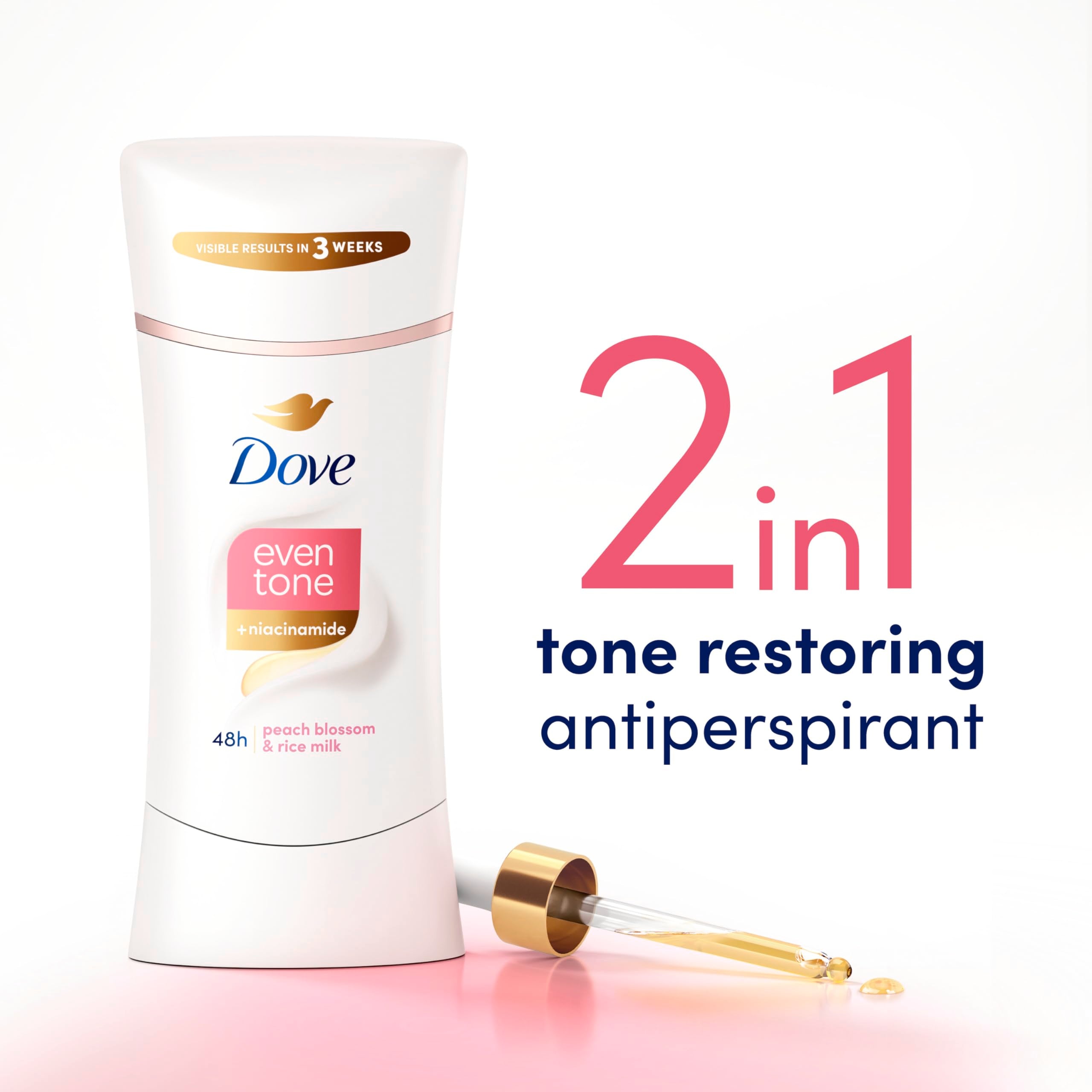 Dove Even Tone rice-milk ingredient panel signals nourishing formula for softer underarms.
