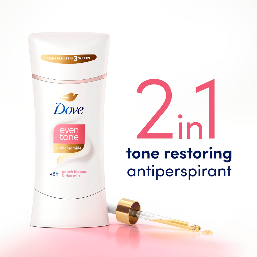 Dove Even Tone rice-milk ingredient panel signals nourishing formula for softer underarms.