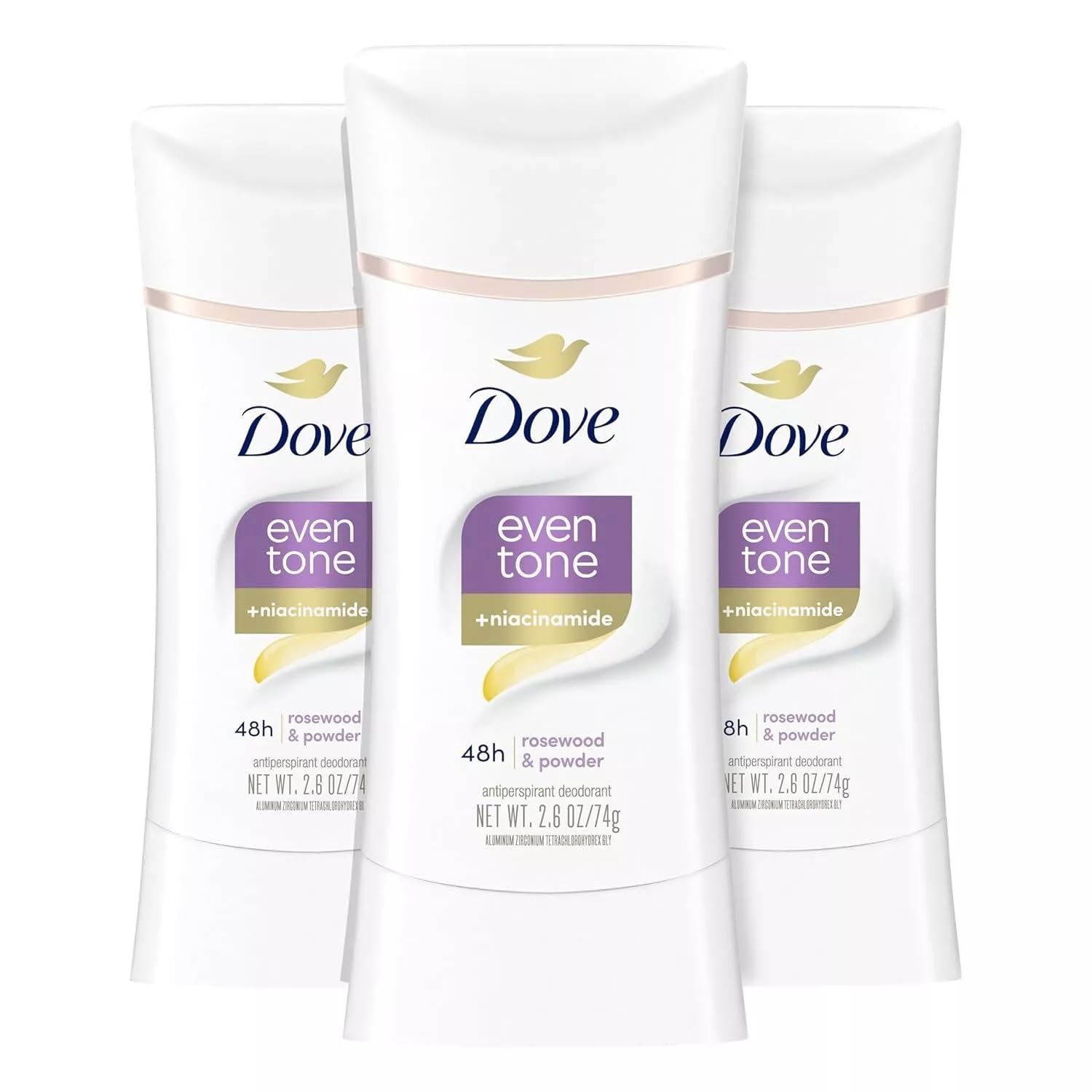 Dove Even Tone rosewood-powder stick provides all-day odor protection with a smooth glide.