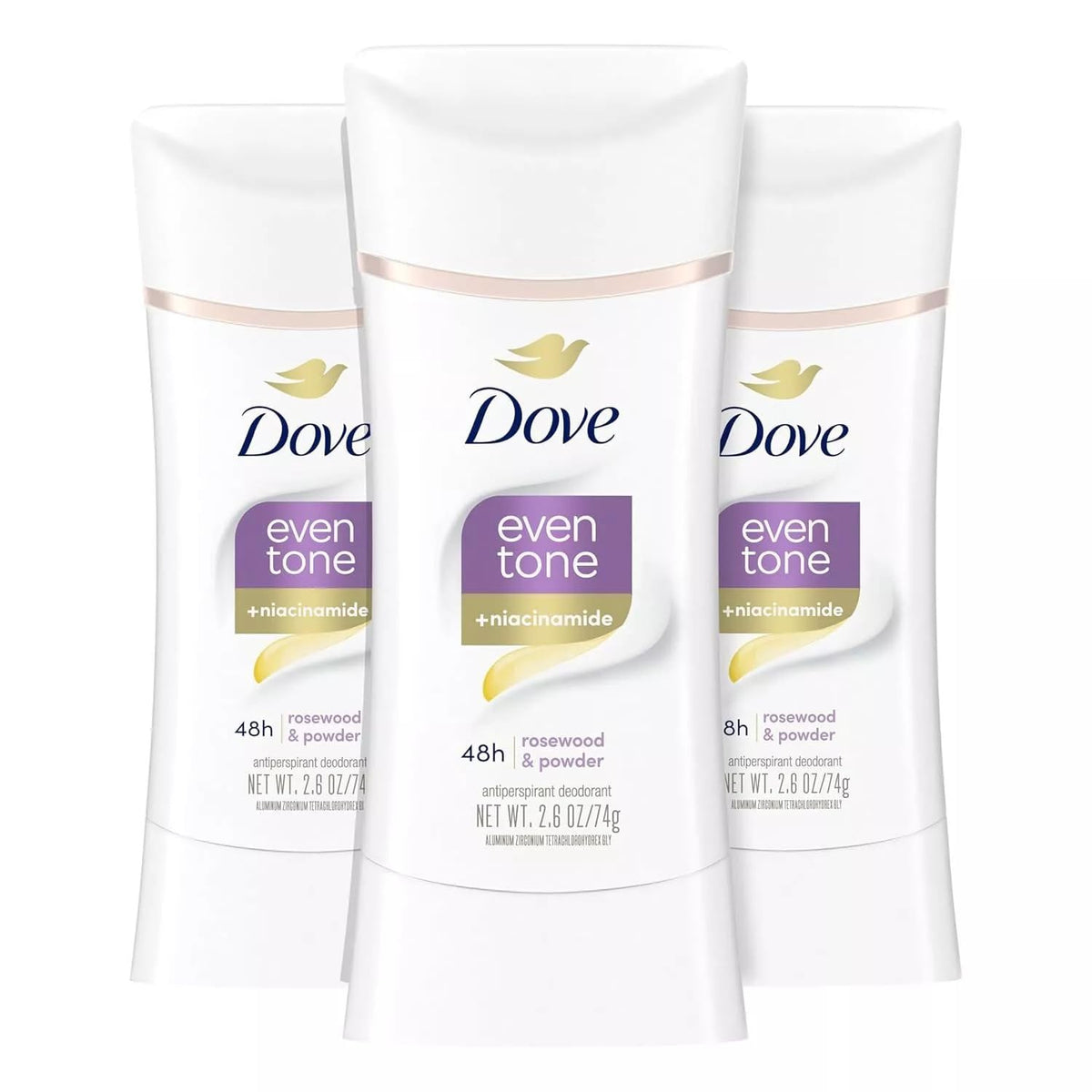 Dove Even Tone rosewood-powder stick provides all-day odor protection with a smooth glide.