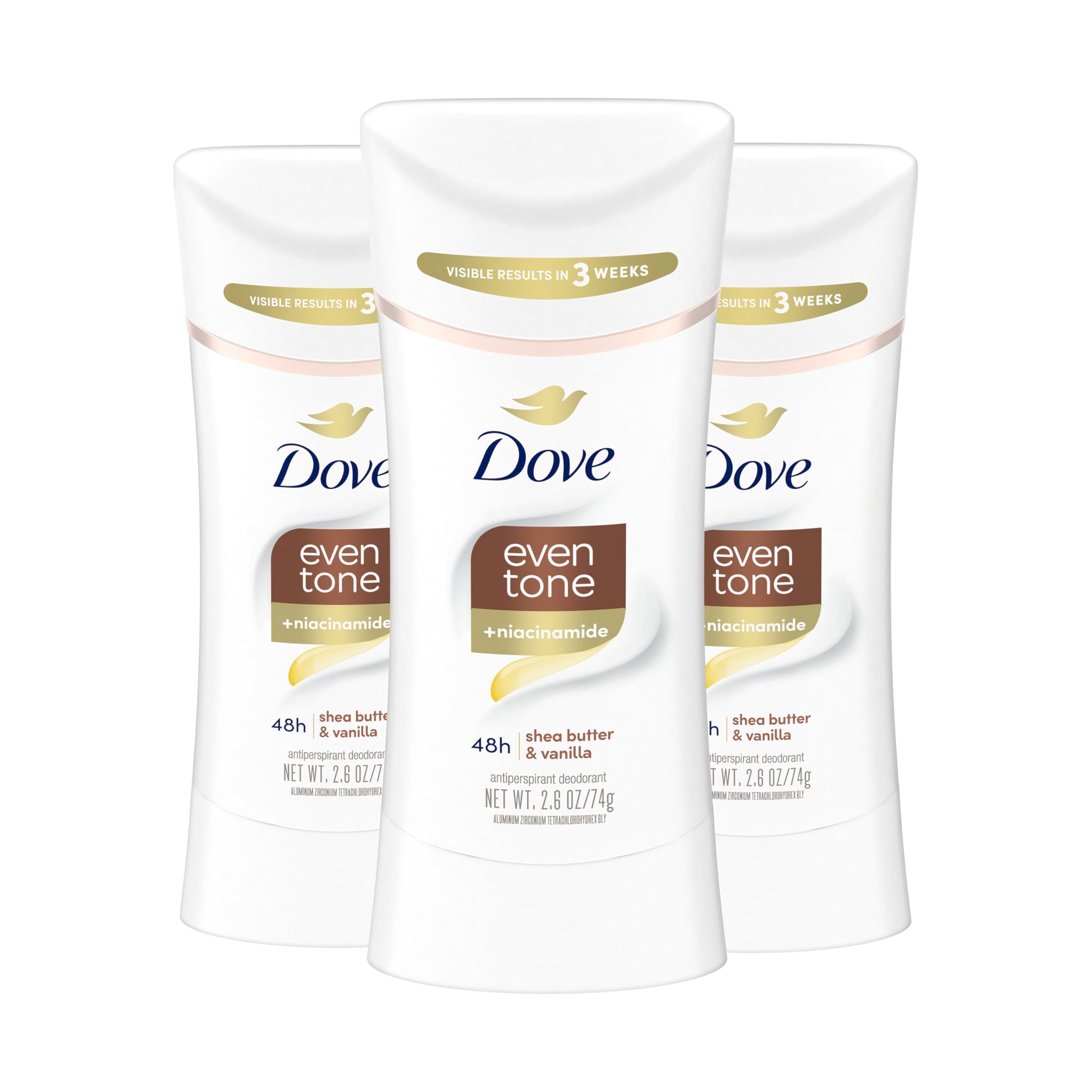Dove Even Tone Shea Butter & Vanilla pack front shows 3-pack value and protection.