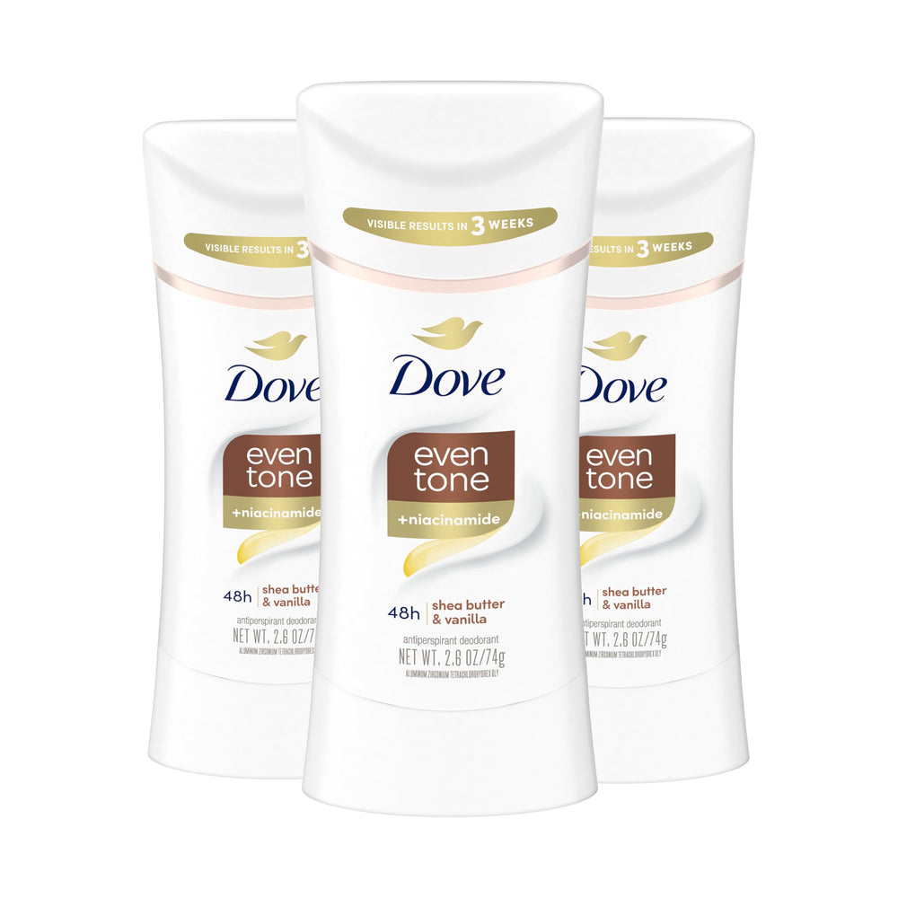 Dove Even Tone Shea Butter & Vanilla pack front shows 3-pack value and protection.