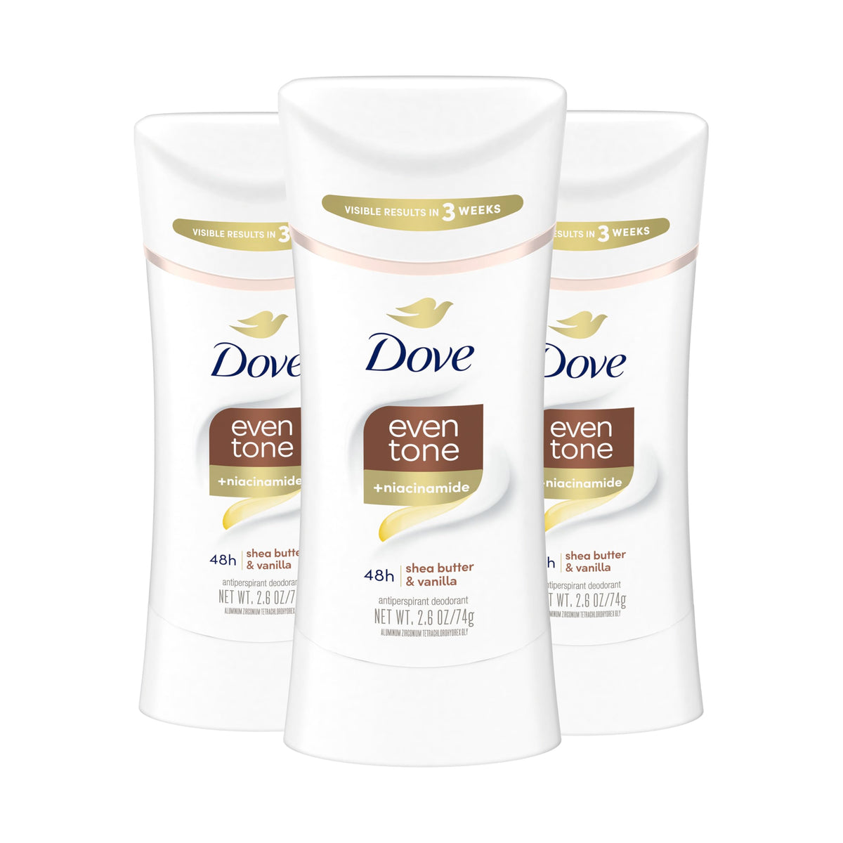 Dove Even Tone Shea Butter & Vanilla pack front shows 3-pack value and protection.