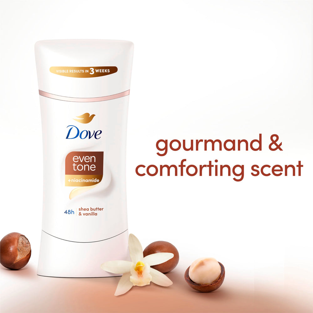 Dove Even Tone Shea Butter & Vanilla texture closeup highlights creamy formula for skin comfort.