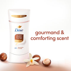 Dove Even Tone Shea Butter & Vanilla texture closeup highlights creamy formula for skin comfort.
