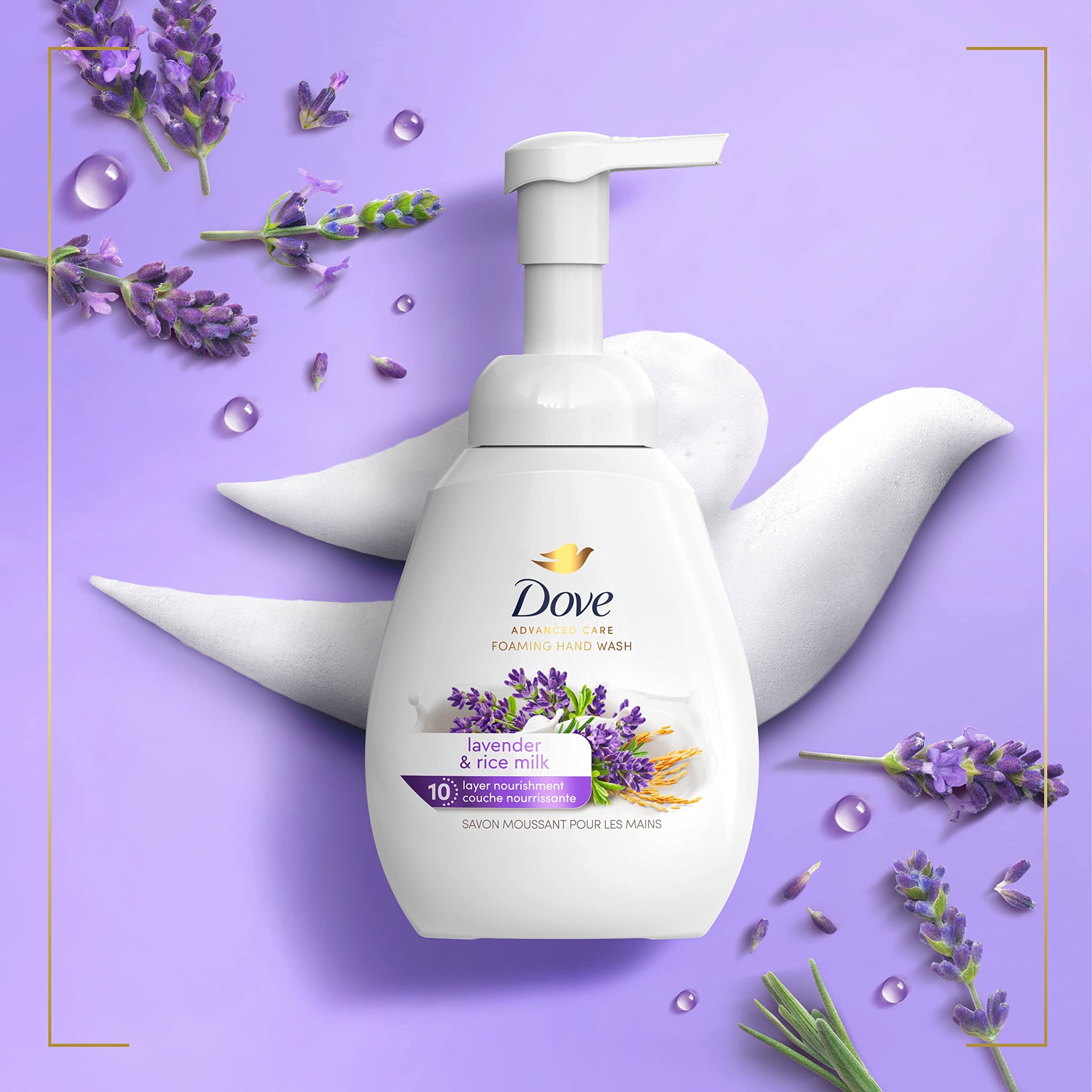 Dove Lavender Rice Milk foam on hands demonstrates hydration after washing
