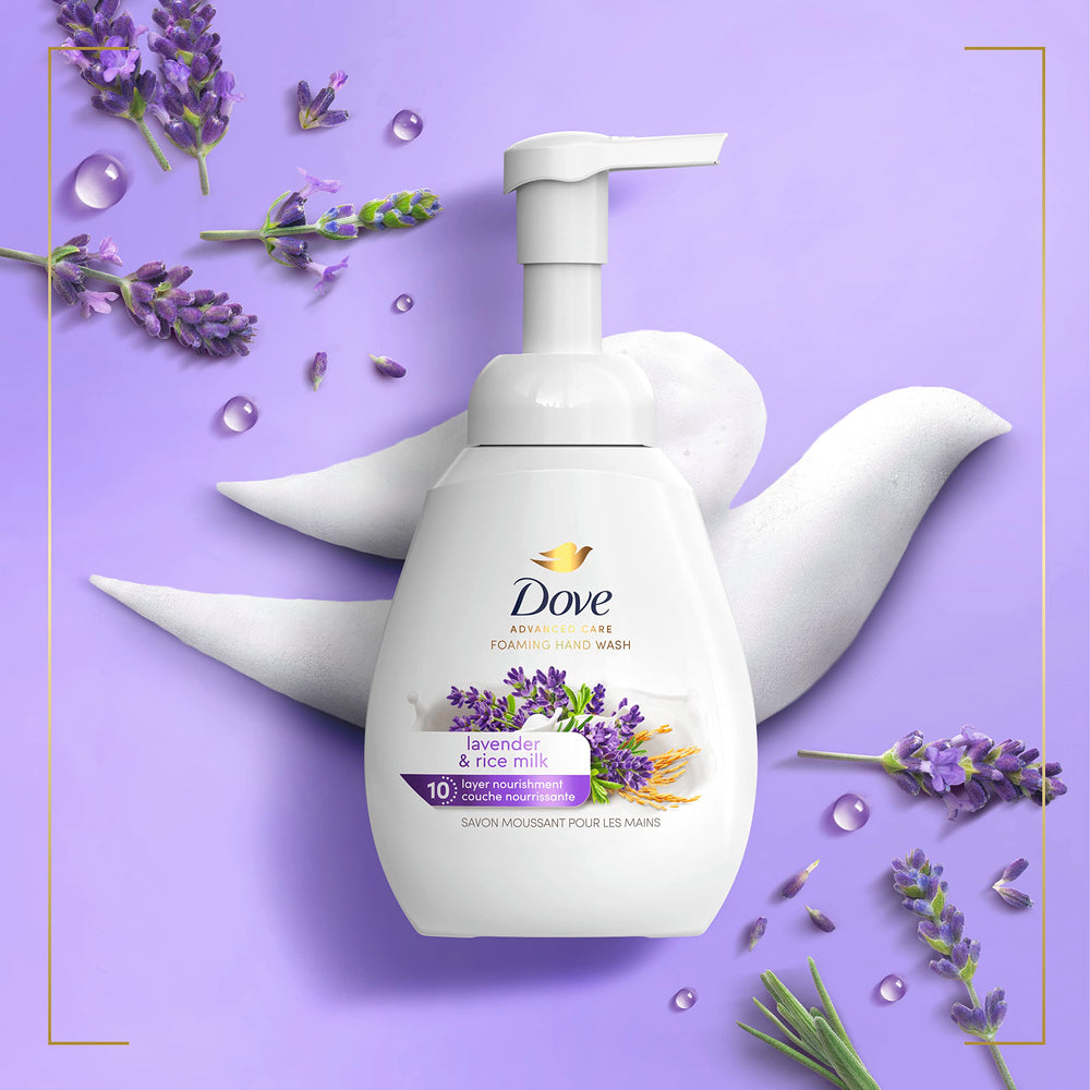 Dove Lavender Rice Milk foam on hands demonstrates hydration after washing