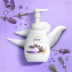 Dove Lavender Rice Milk foam on hands demonstrates hydration after washing